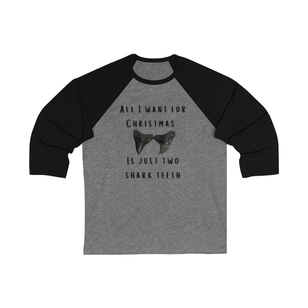 All I Want for Christmas is Just Two Shark Teeth Baseball Tee | Shark Tooth Hunting Unisex 3/4 Sleeve Baseball Tee - Image 2