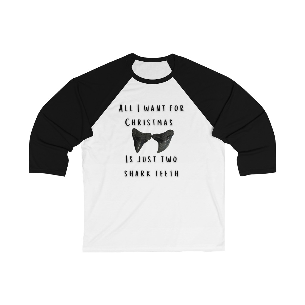All I Want for Christmas is Just Two Shark Teeth Baseball Tee | Shark Tooth Hunting Unisex 3/4 Sleeve Baseball Tee - Image 3