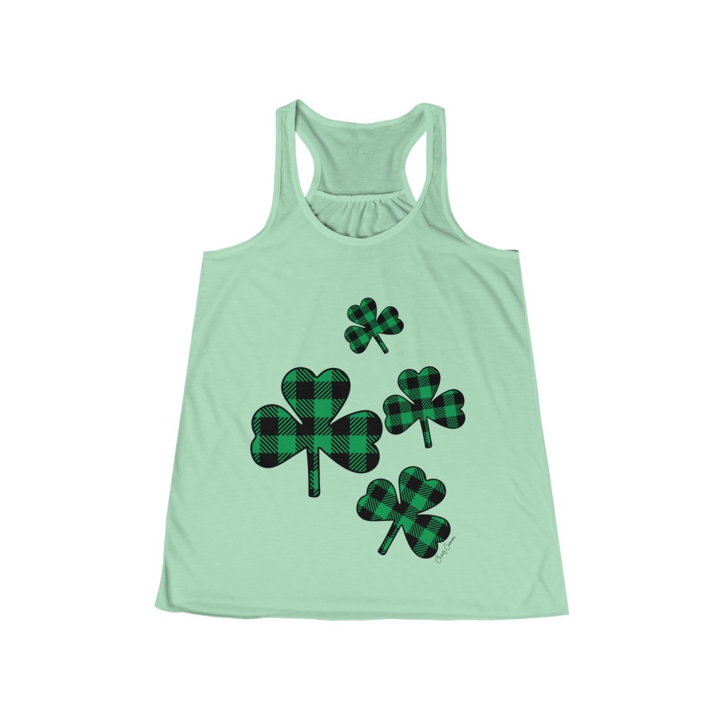Green and Black Plaid Shamrock Tank | St. Patrick’s Day Women’s Shirt | Lucky Women's Flowy Racerback Tank - Image 4