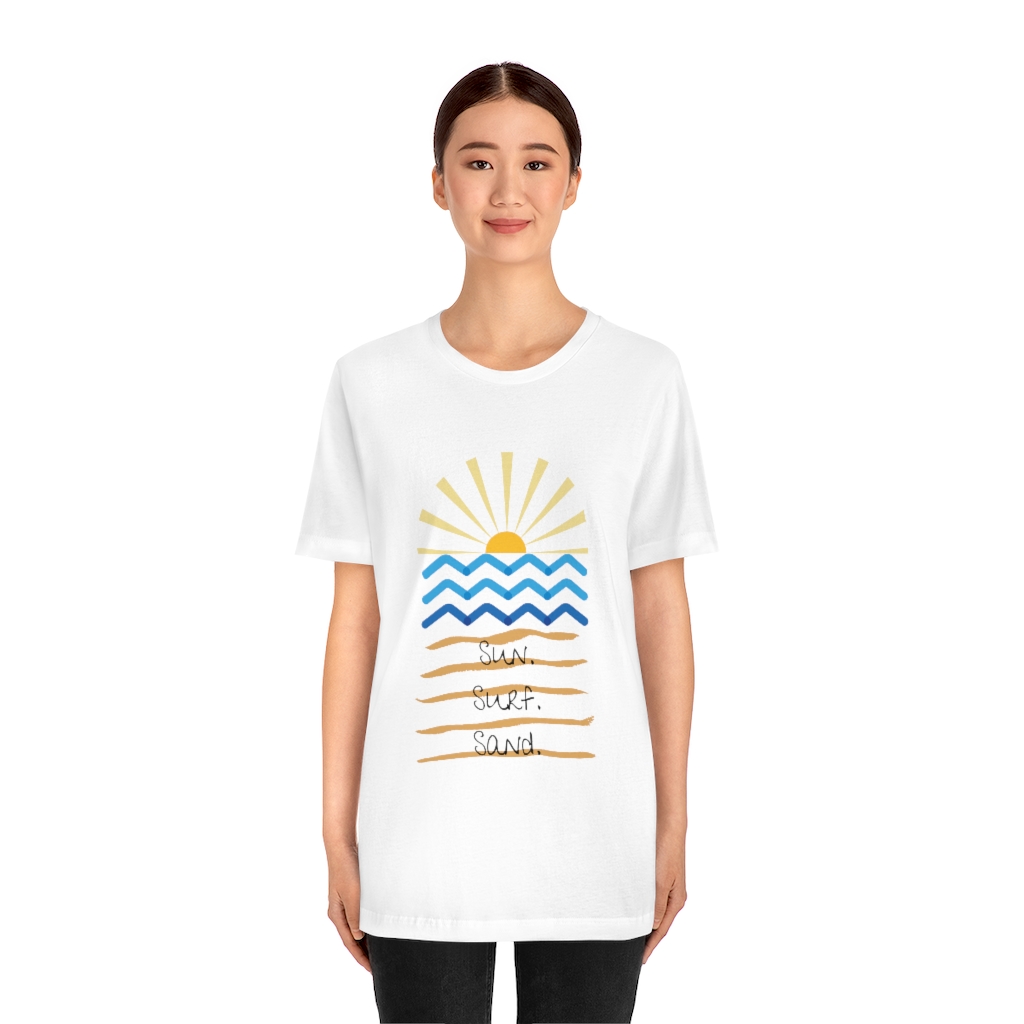 Sun. Surf. Sand. Tee | Beach Shirt | Summer Shirt | Sunset Sunrise Shirt | Ocean Shirt| Vacation Unisex Jersey Short Sleeve Tee - Image 3