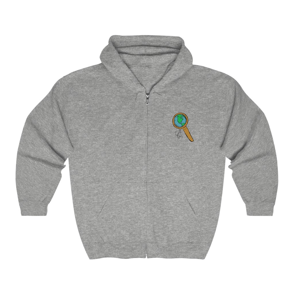 Earth Day World and Magnifying Glass Hoodie | Globe World View Zip Hoodie | Logo Earth Day Sweatshirt |Unisex Heavy Blend™ Full Zip Hooded Sweatshirt