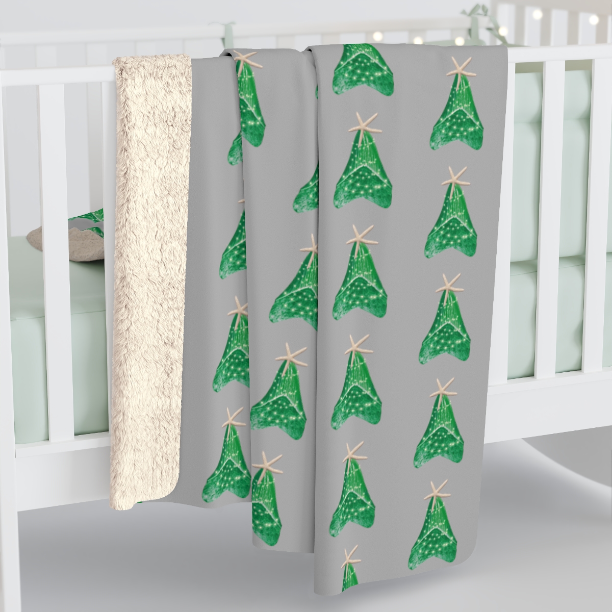 Shark Tooth Christmas Tree Blanket | Megalodon Tooth Starfish Christmas Sherpa Fleece Blanket - Image 4